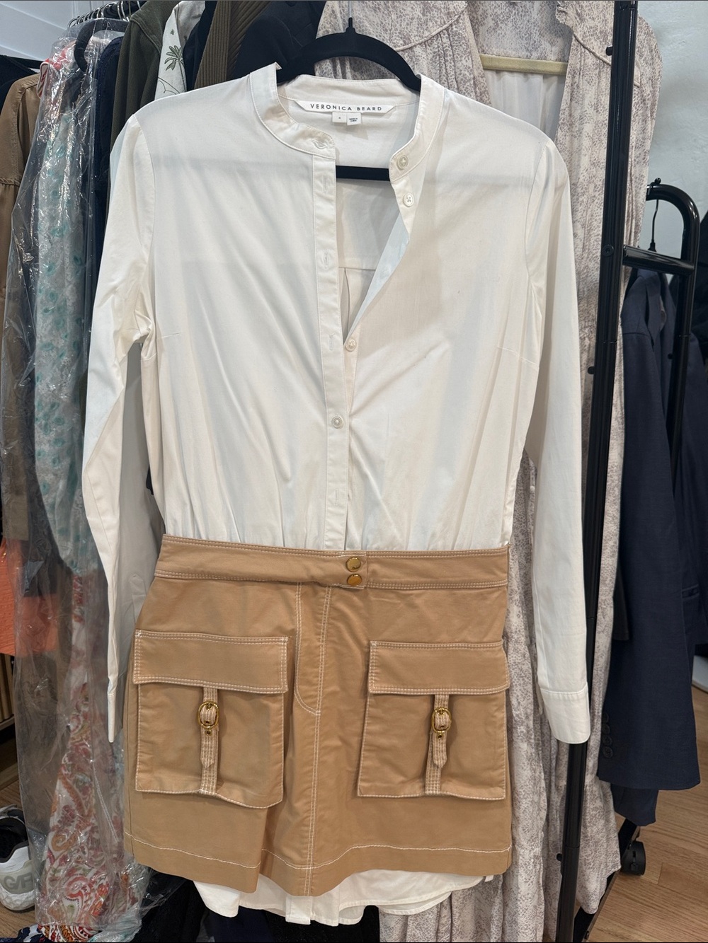 Veronica Beard Jennings Mixed-Media Shirt Dress with Tan Cargo Pockets- SIZE 4